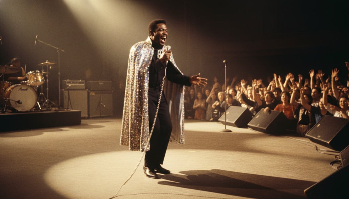 James Brown sur scène, né le 3 mai 1933, parrain de la soul