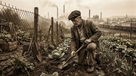 Jardinier ouvrier français cultivant sa parcelle dans les années 1940