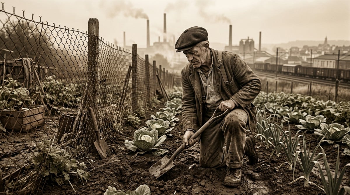 Jardinier ouvrier français cultivant sa parcelle dans les années 1940