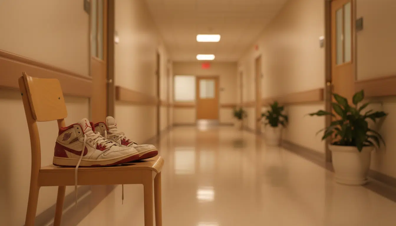 Couloir d'hôpital avec des chaussures de basket évoquant le parcours de Jason Collins face à la maladie