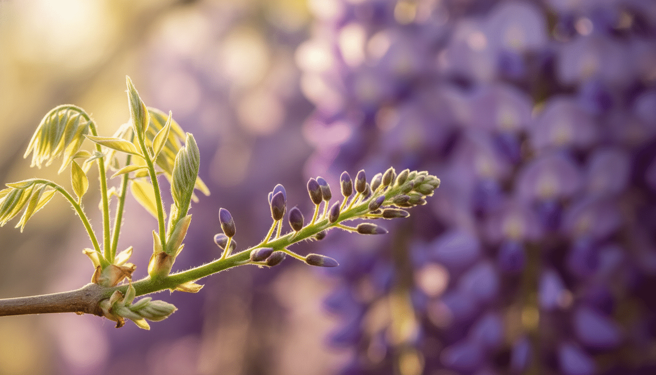 Bourgeons floraux sur une tige verte de glycine au printemps