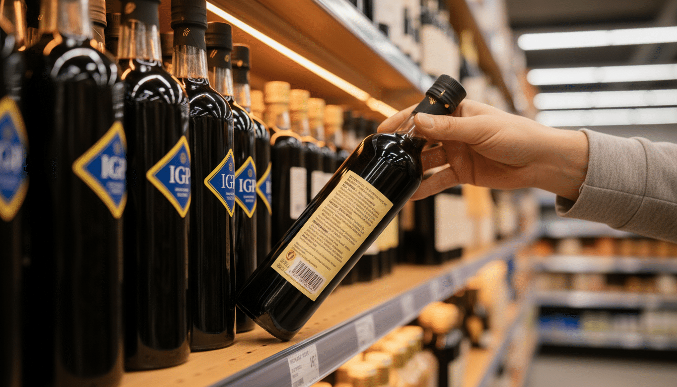 Bouteilles de vinaigre balsamique IGP alignées en rayon de supermarché