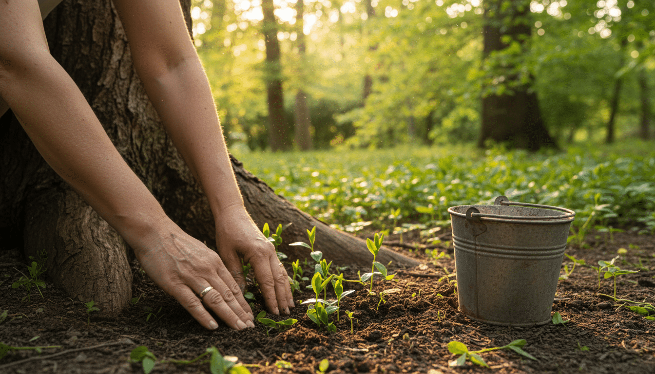Plantation de pervenche au pied d'un arbre dans un jardin