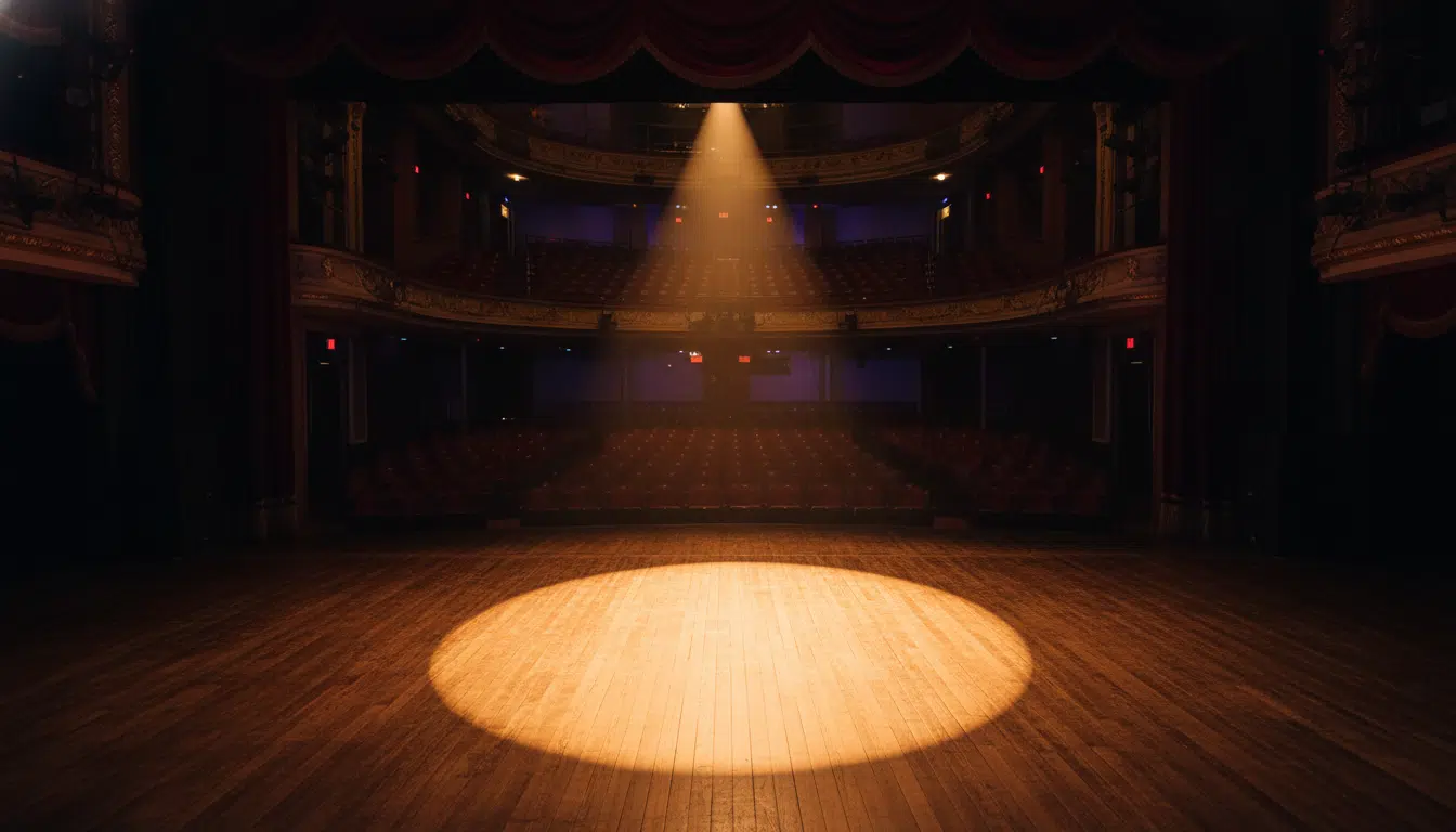 Scène de théâtre Broadway vide avec un projecteur solitaire éclairant les planches