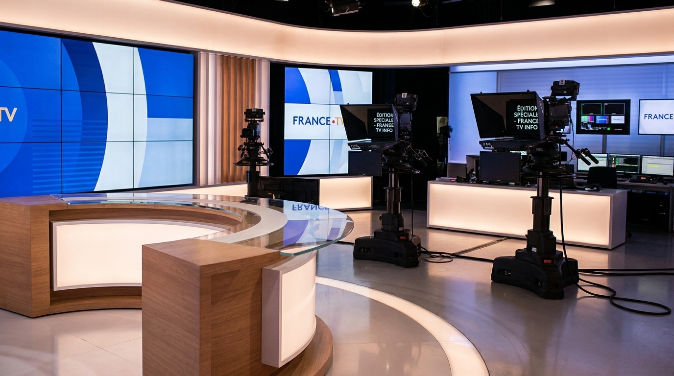 Plateau de journal télévisé vide avec prompteur allumé