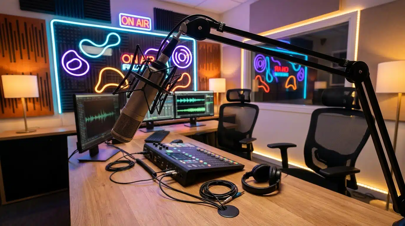 Microphone de studio radio avec lumières colorées en arrière-plan et équipements de diffusion