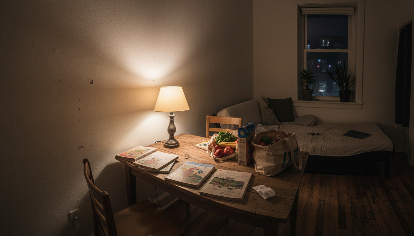 Intérieur d'un appartement Airbnb temporaire avec affaires d'enfants éparpillées sur une table