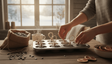 Mains remplissant un moule à muffins de graines pour oiseaux