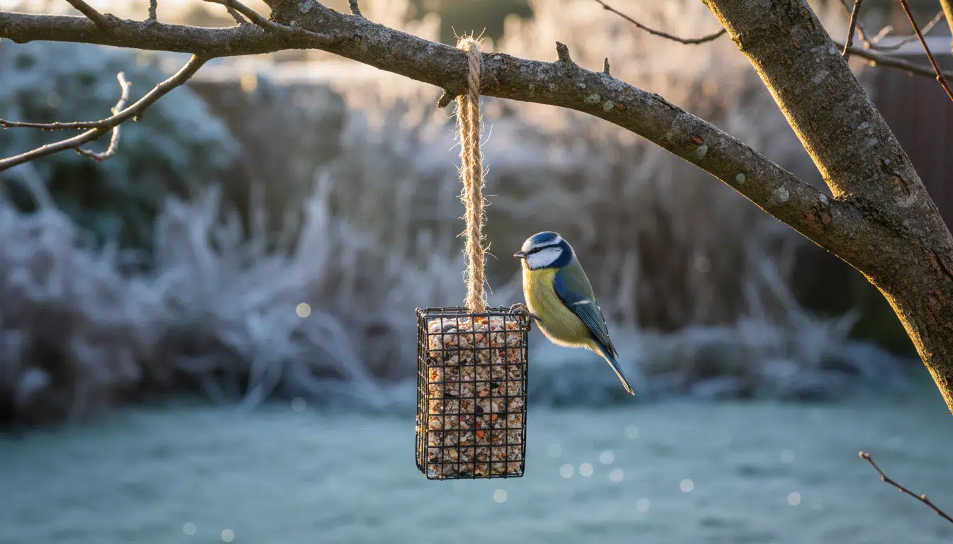 Mésange bleue picorant un bloc de graines suspendu en hiver