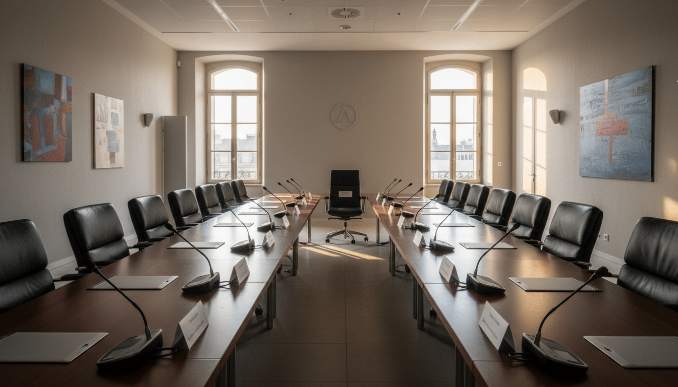 Salle de réunion vide du Conseil national de Renaissance, une chaise repoussée en signe de départ