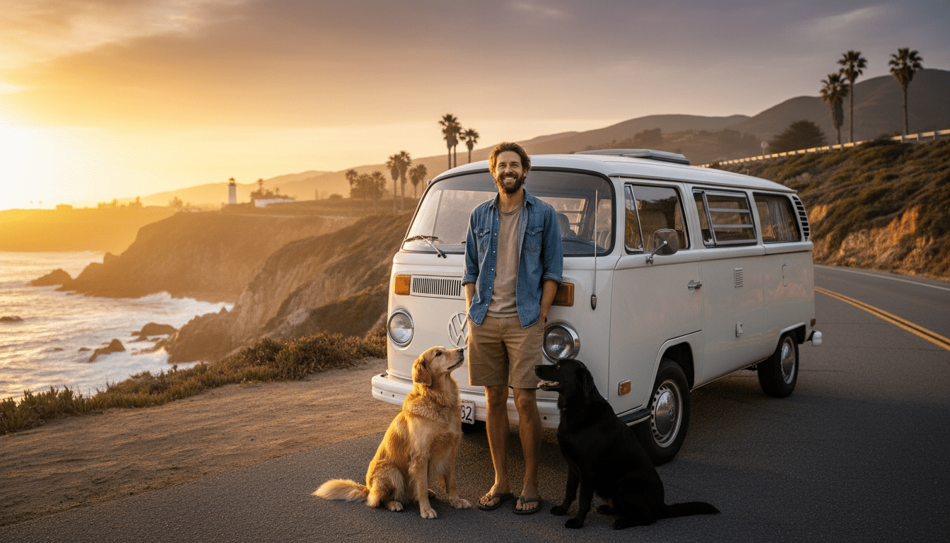 Homme souriant devant son camping-car avec ses deux chiens