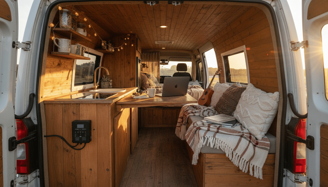 Intérieur aménagé d'un camping-car avec cuisine et panneaux solaires
