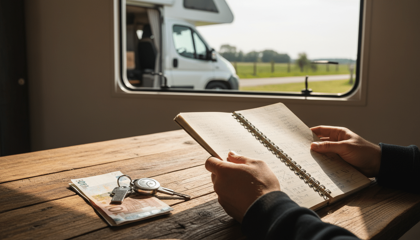 Budget et clés de camping-car sur une table en bois
