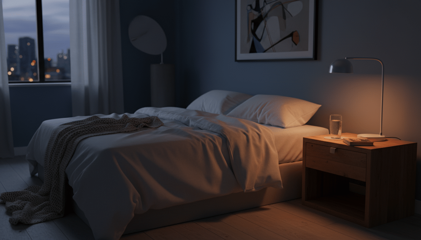 Verre d'eau posé sur une table de nuit dans une chambre peu éclairée, ambiance intime et sombre
