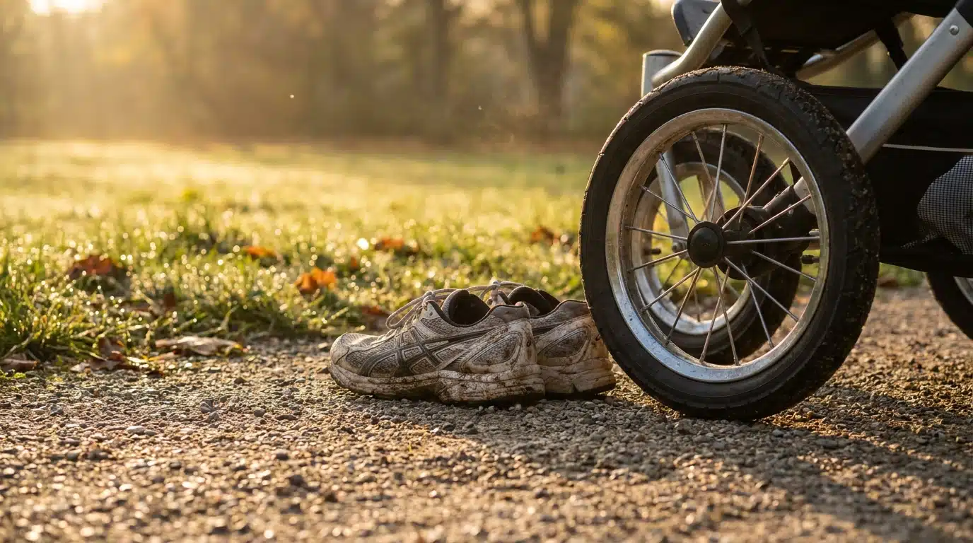 Chaussures de course à côté d'une roue de poussette dans un parc
