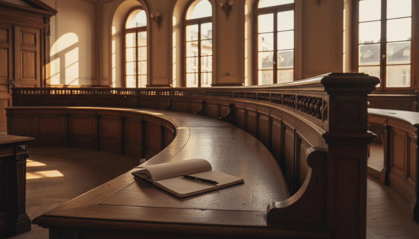 Banc vide dans une salle d'audience française