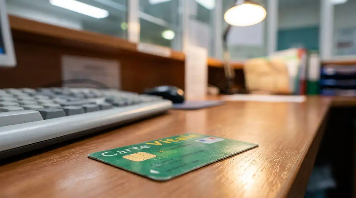 Carte Vitale posée sur un comptoir d'accueil d'hôpital