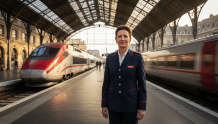 Contrôleuse SNCF en uniforme sur un quai de gare