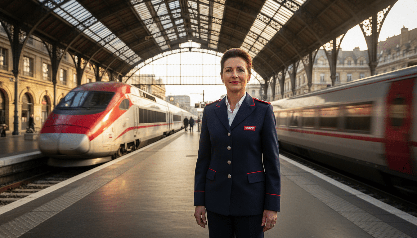 Contrôleuse SNCF en uniforme sur un quai de gare