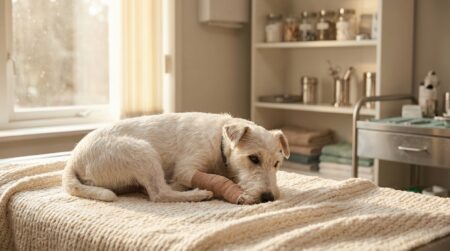Petit fox-terrier blanc bandé dans une clinique vétérinaire