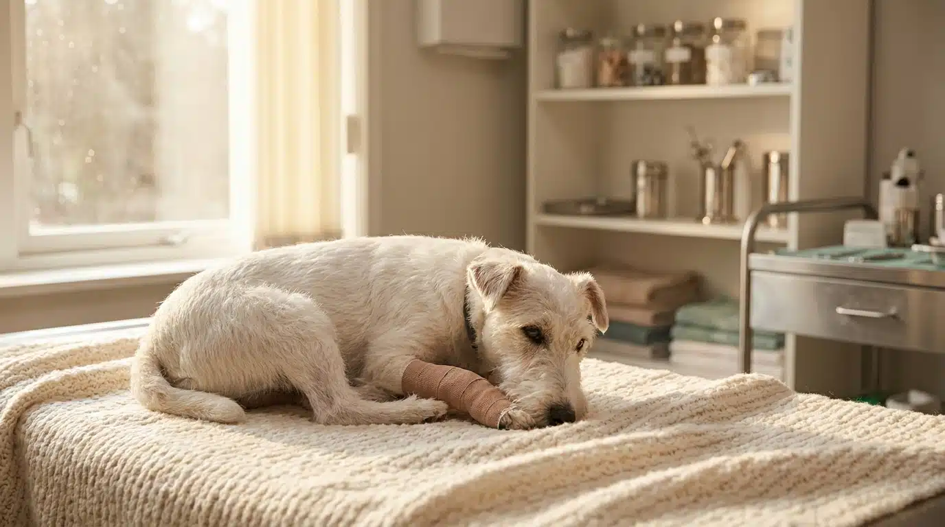 Petit fox-terrier blanc bandé dans une clinique vétérinaire