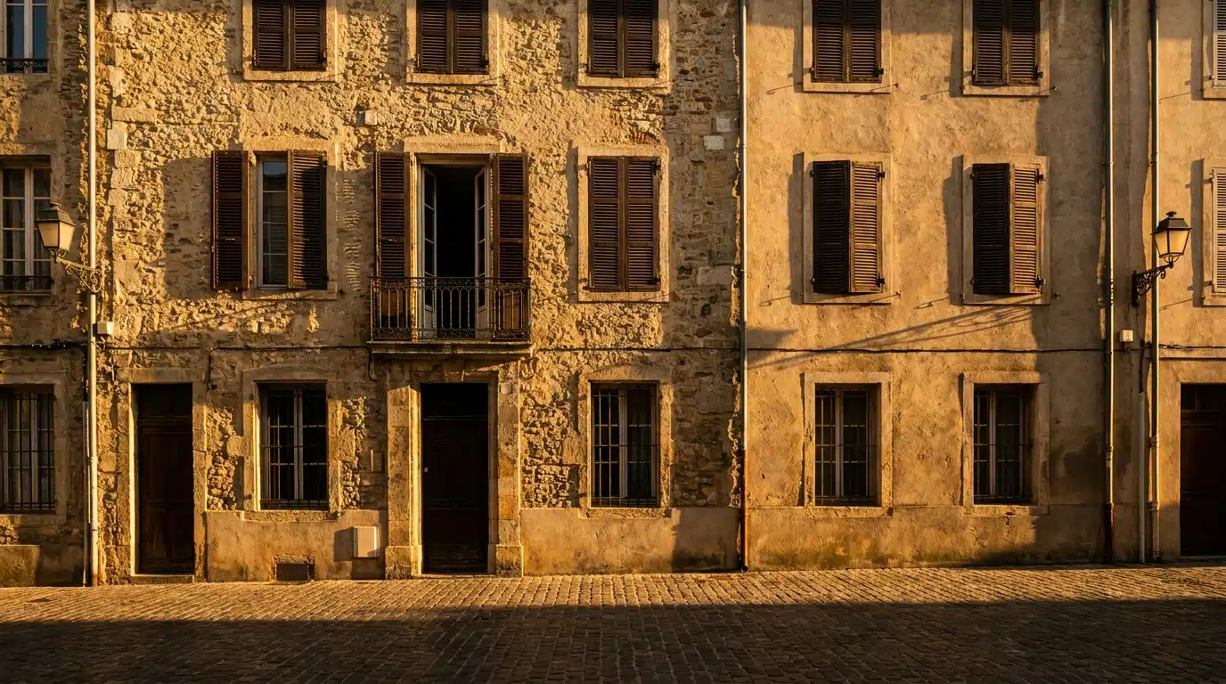 Façade d'immeuble à Perpignan avec fenêtre ouverte au premier étage