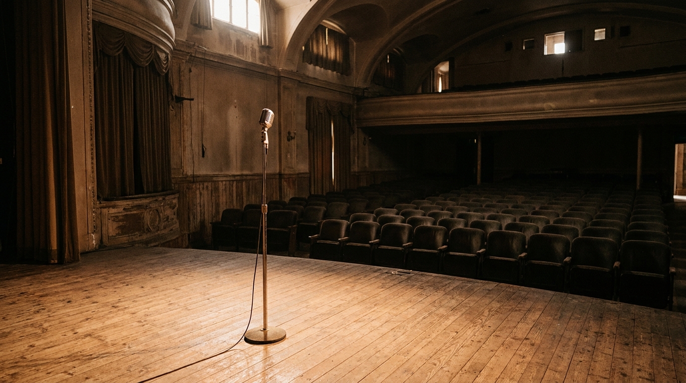 Microphone seul sur une scène de spectacle éclairée