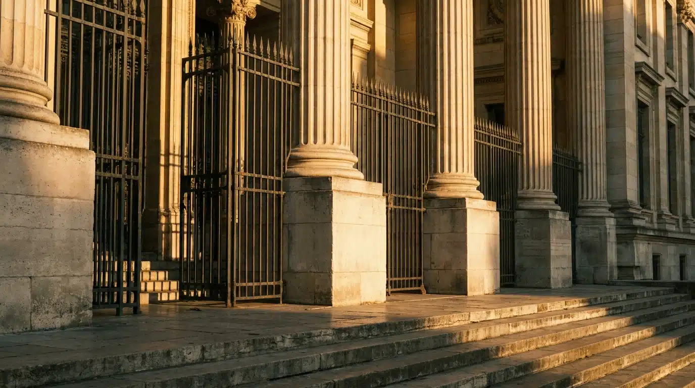 Façade d'un palais de justice français au crépuscule