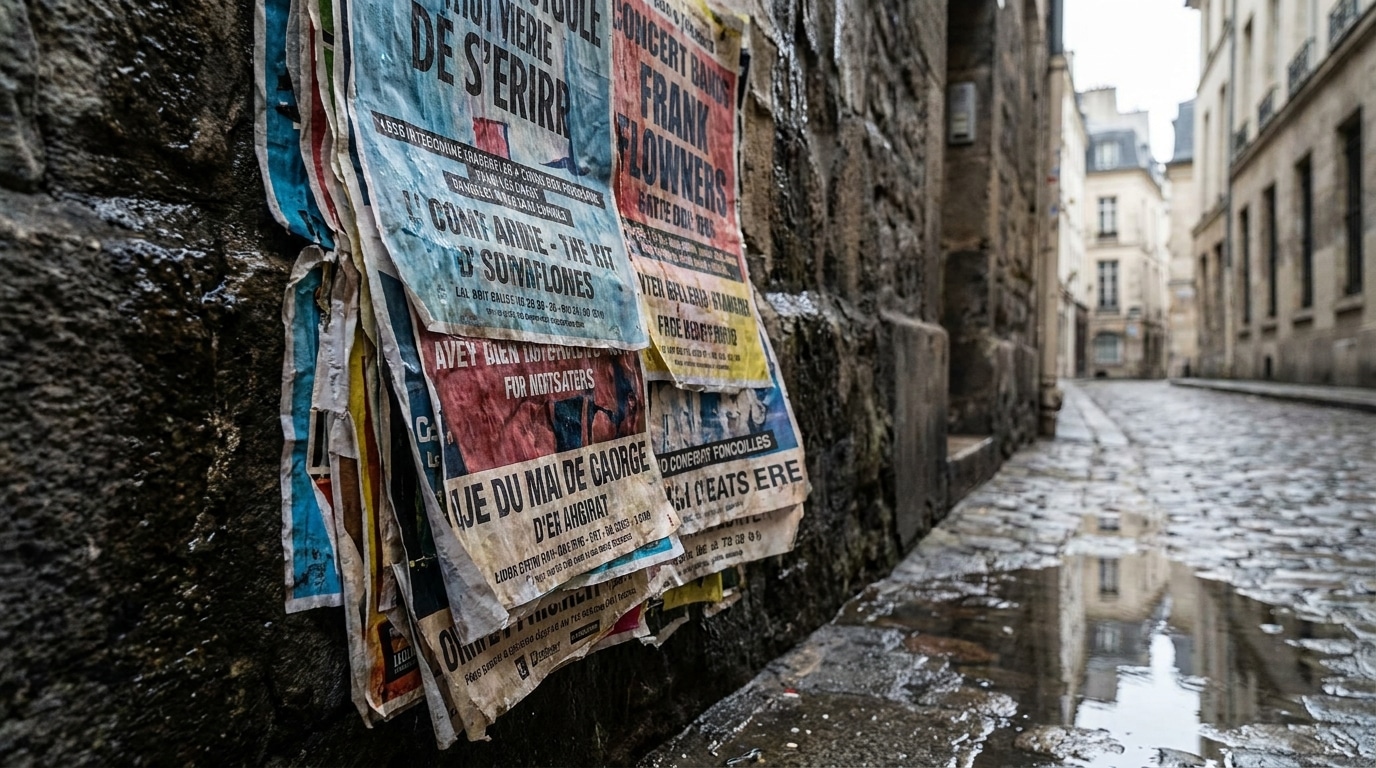 Affiches de concert déchirées sur un mur parisien humide
