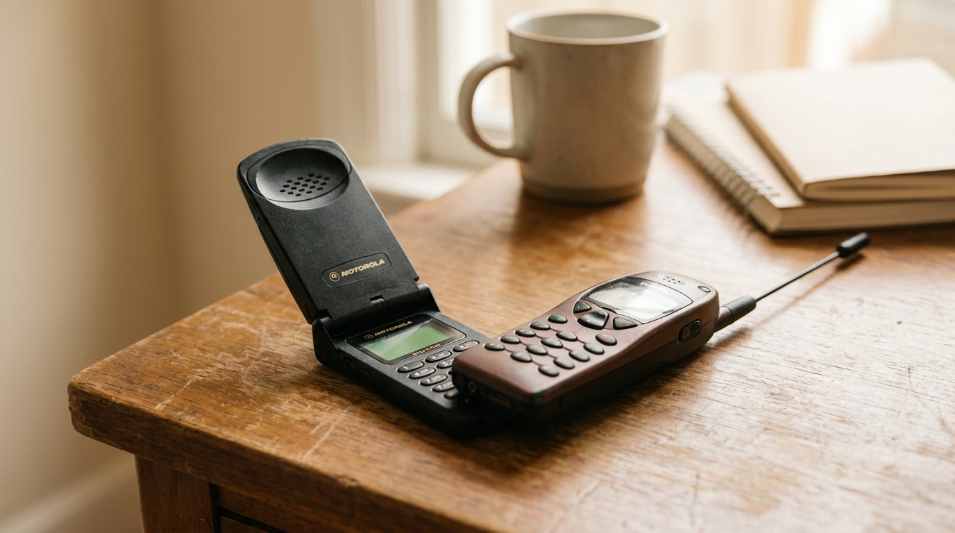 Deux téléphones portables vintage des années 90 posés sur un bureau en bois