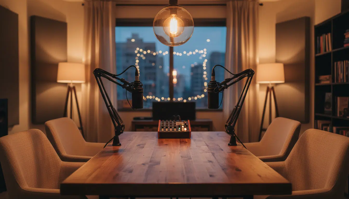 Studio de podcast avec micros et éclairage chaleureux
