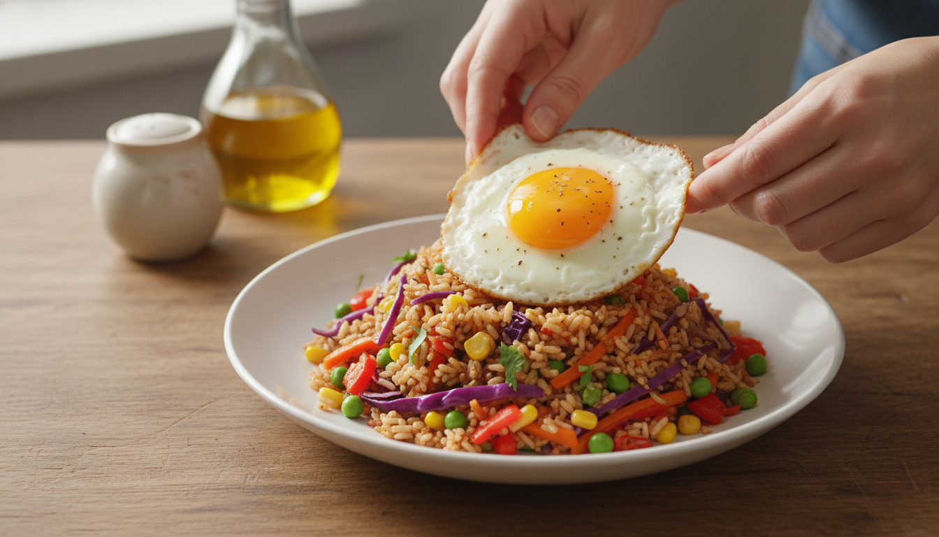 Ajout d'un œuf au plat sur un riz surgelé garni