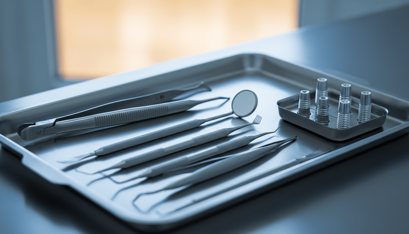 Instruments dentaires et implants sur un plateau chirurgical