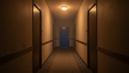 Couloir sombre d'un immeuble à Carrières-sur-Seine la nuit