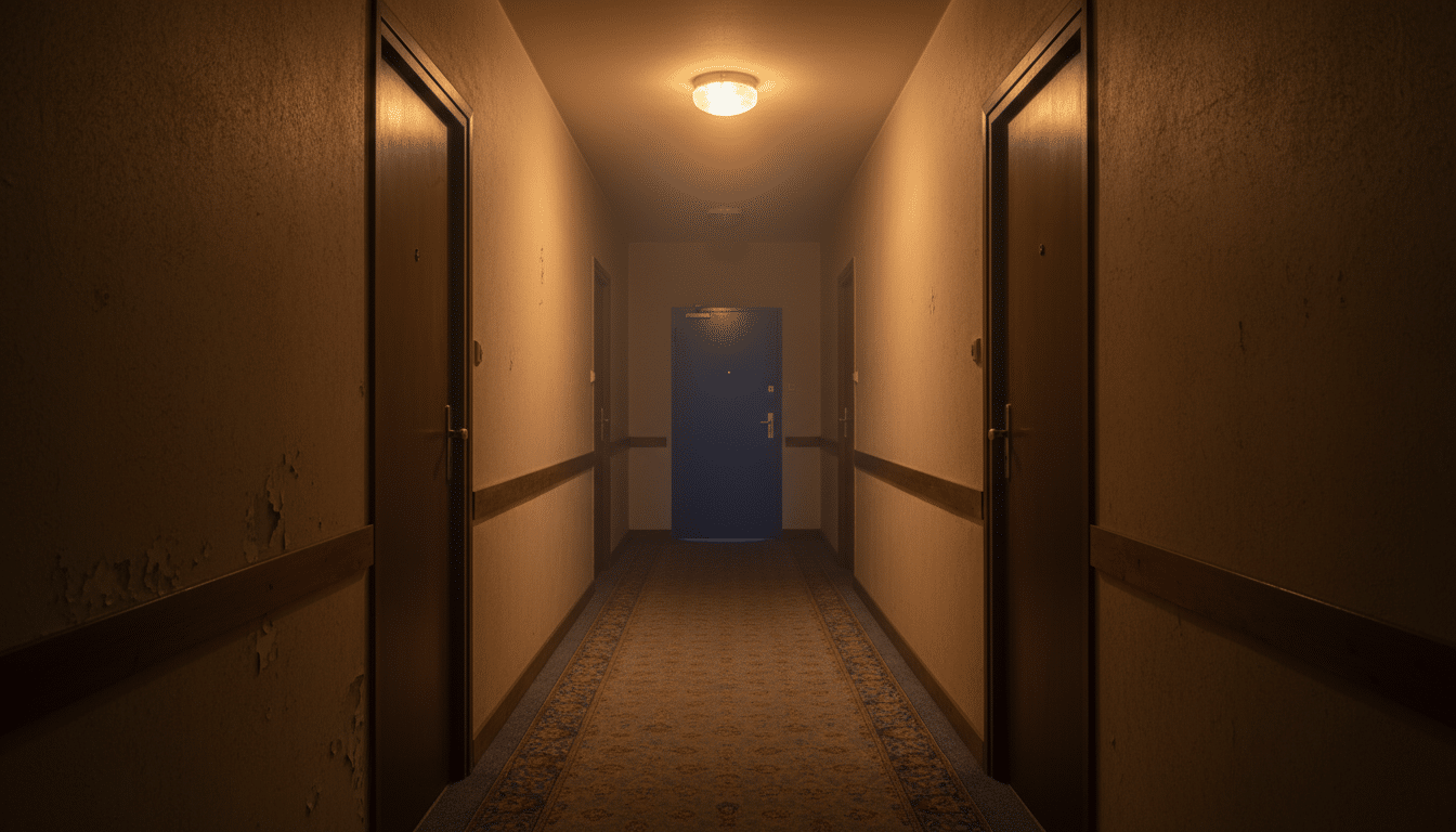 Couloir sombre d'un immeuble à Carrières-sur-Seine la nuit
