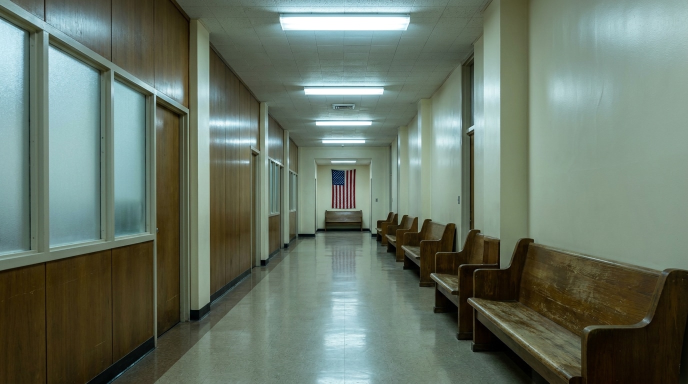 Couloir de tribunal américain avec drapeau et bancs en bois