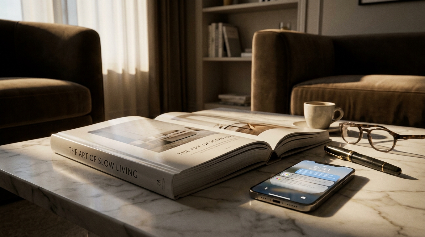 Livre ouvert à côté d'un smartphone affichant des messages flous sur une table en marbre
