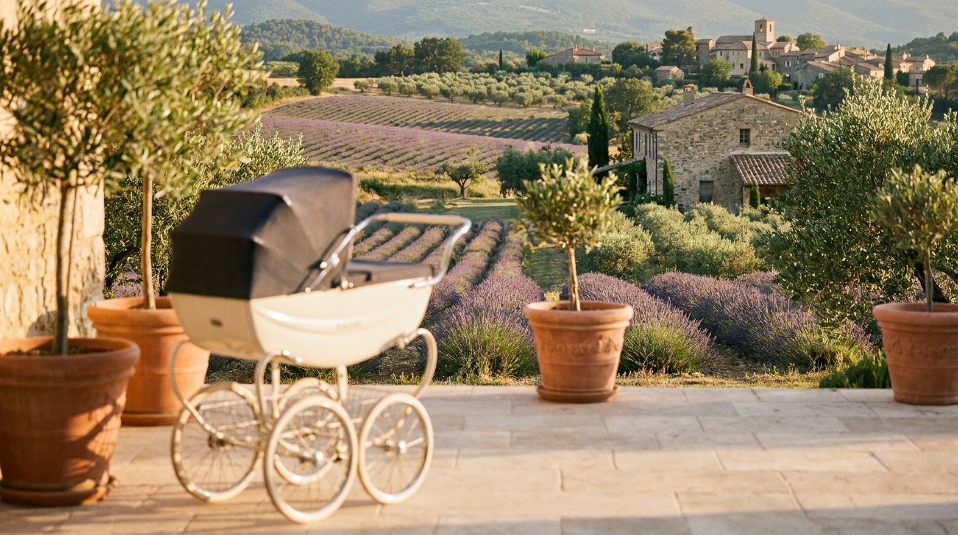 Terrasse ensoleillée du sud avec poussette et fauteuil roulant parmi les oliviers et la lavande