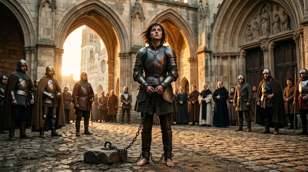 Jeanne d'Arc enchaînée dans une cour médiévale à Rouen