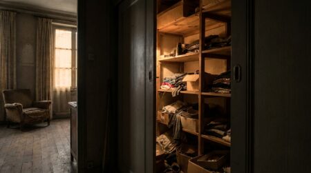 Porte entrouverte d'un placard sombre dans une maison