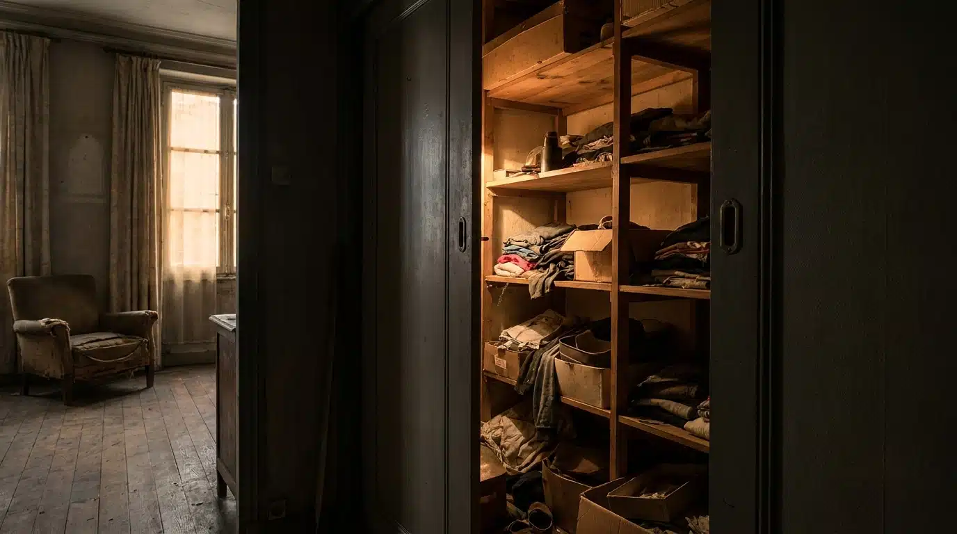 Porte entrouverte d'un placard sombre dans une maison