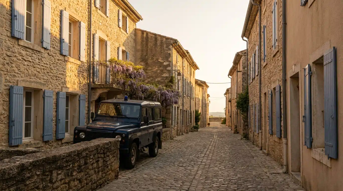 Rue calme d'un village provençal avec véhicule de gendarmerie