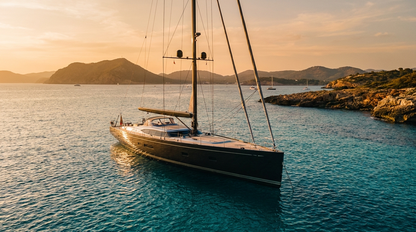 Superyacht voilier ancré dans les eaux turquoise de Majorque au coucher du soleil