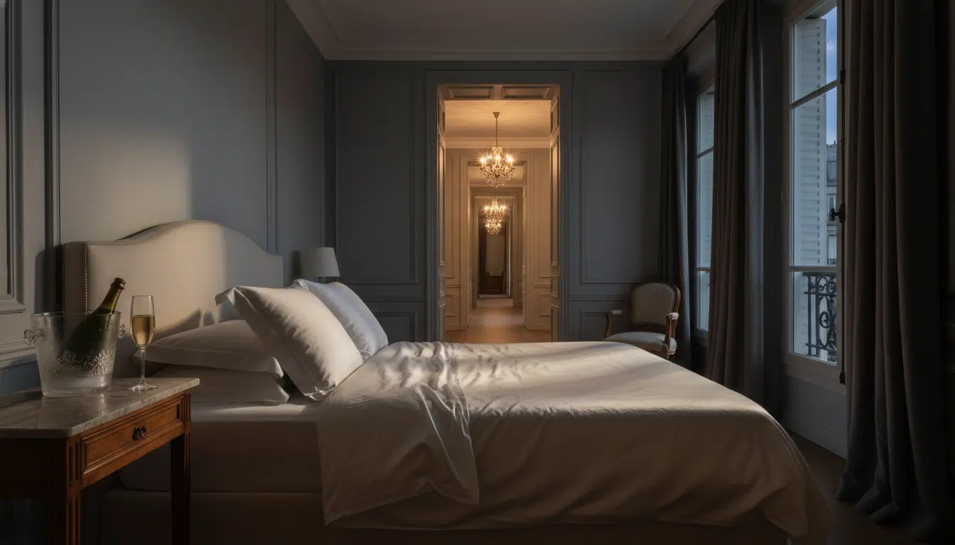 Chambre d'appartement parisien la nuit avec coupe de champagne intacte sur table de nuit