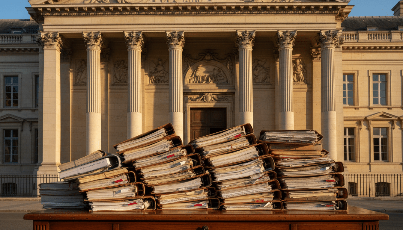 Palais de justice français avec dossiers judiciaires empilés sur un bureau en bois