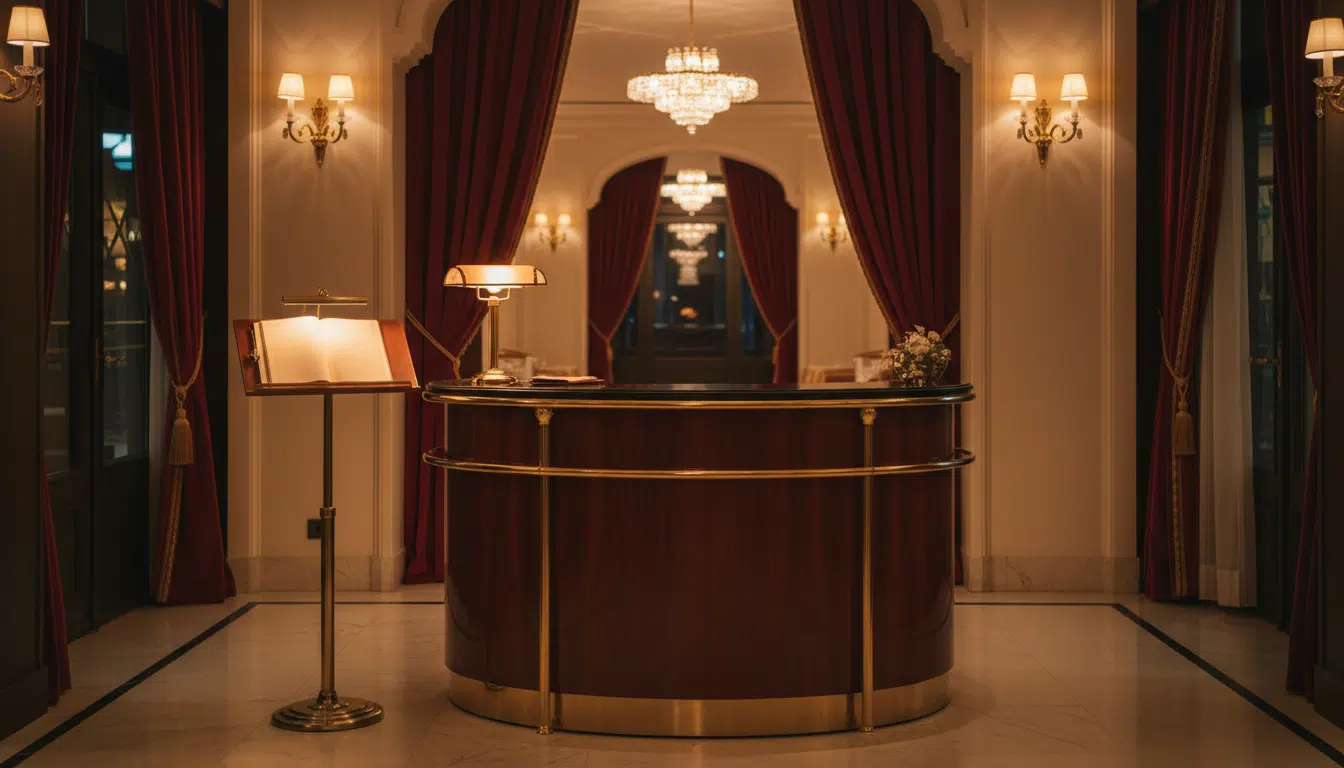 Bureau d'accueil d'un restaurant parisien chic avec livre de réservations, lumière dorée tamisée