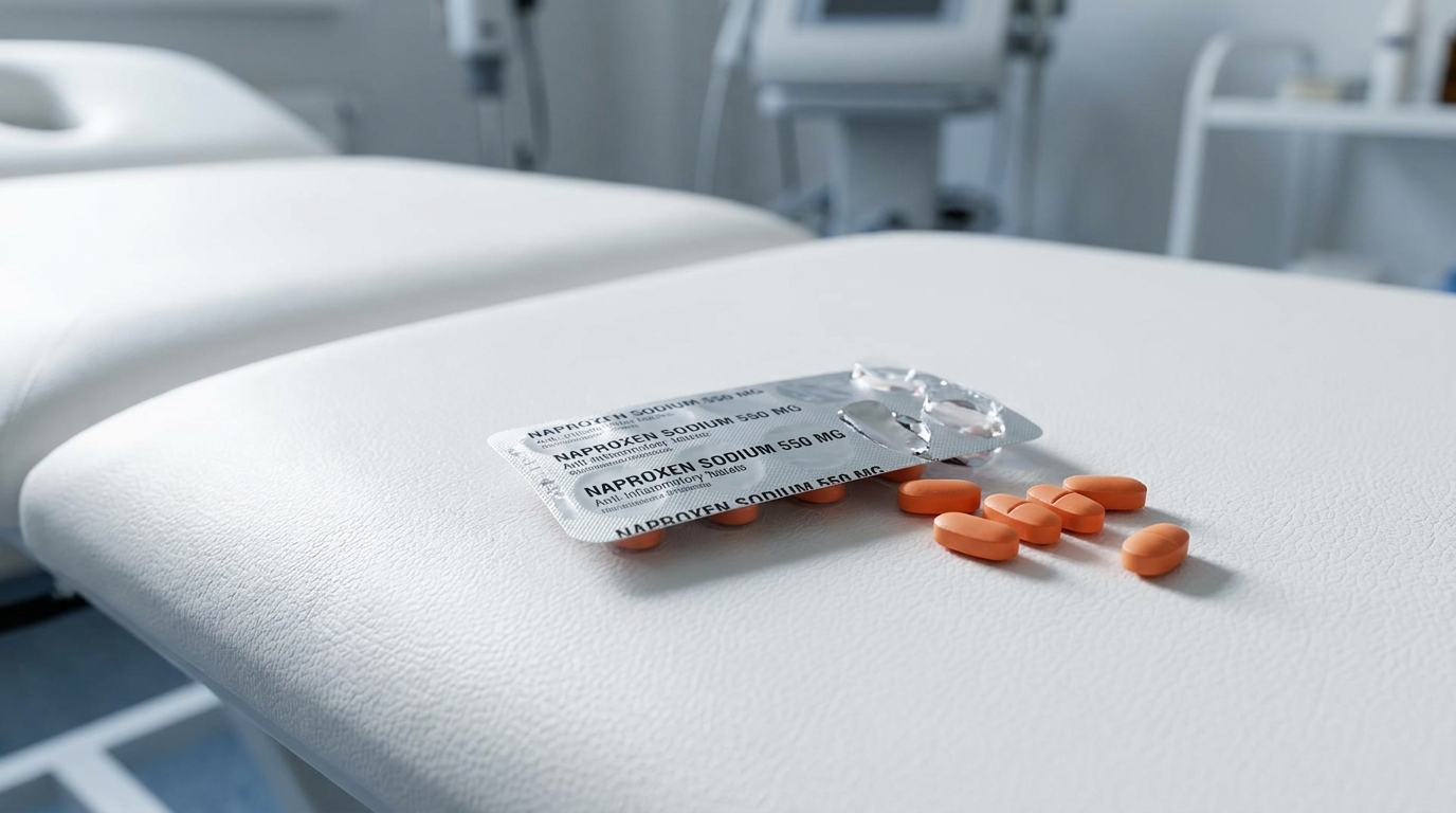 Plaquette d'anti-inflammatoires sur une table de kinésithérapie