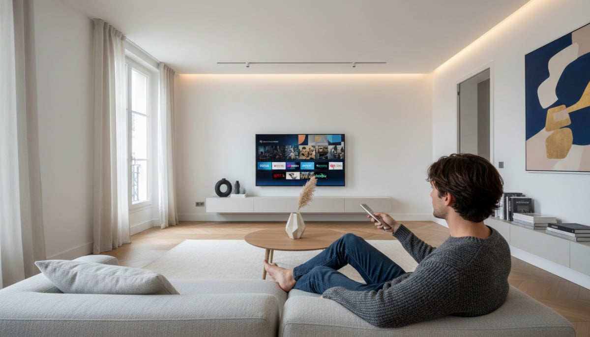 Jeune adulte regardant un écran plat de télévision connectée dans un salon moderne.