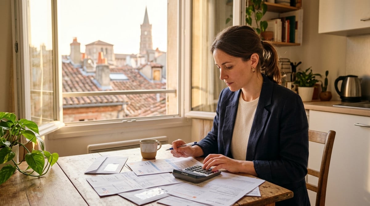 Jeune commerciale calculant son budget dans son appartement toulousain