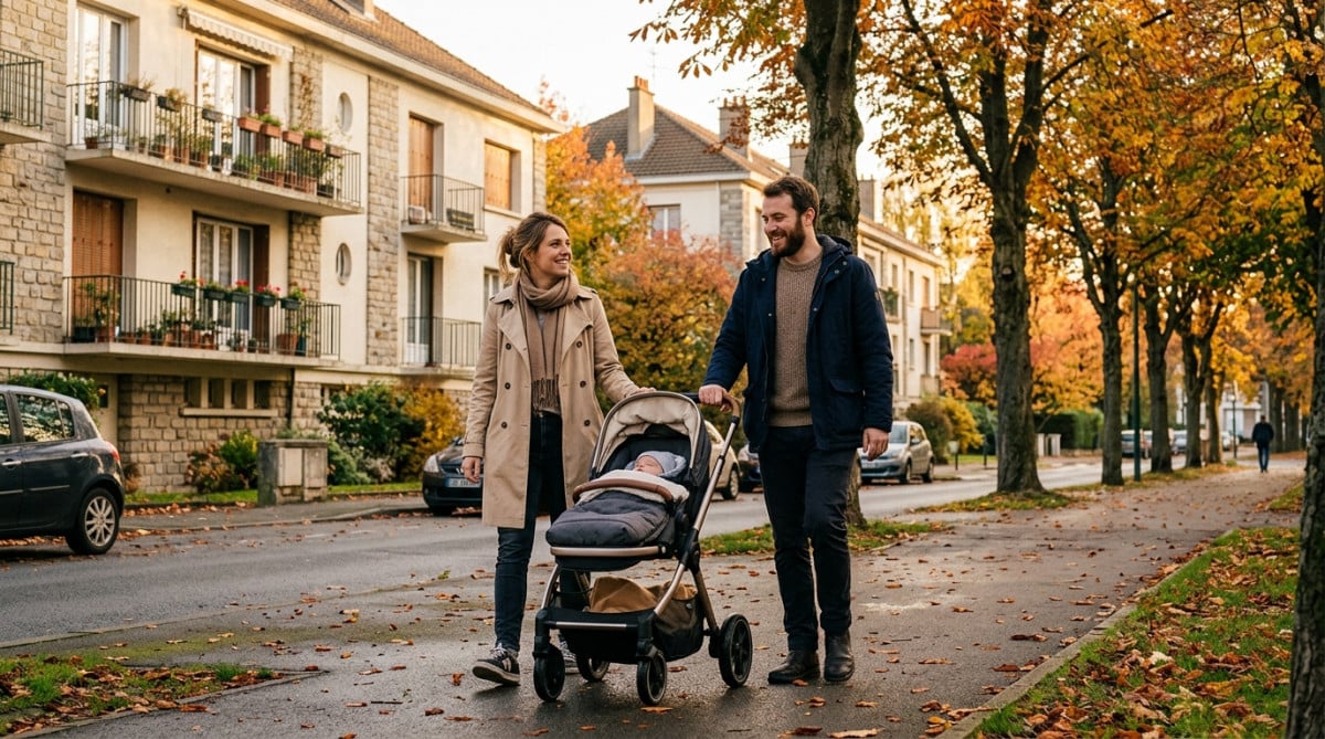 Jeune couple avec poussette dans une rue de banlieue française